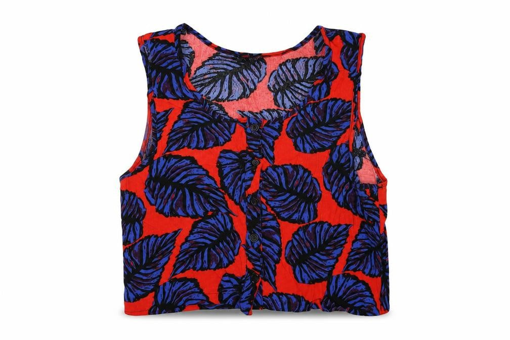 Topshop Womens Red Geometric Viscose Cropped T-Shirt Size 8 Scoop Neck - Leaf Print