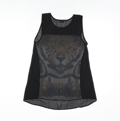 Back view of Miss Selfridge women’s black polyester basic t-shirt, size UK 4, round neck - tiger