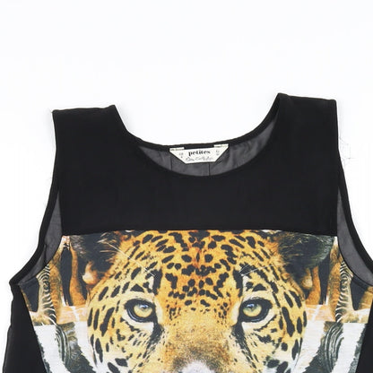 Close-up detail of Miss Selfridge women’s black polyester basic t-shirt, size UK 4, round neck - tiger