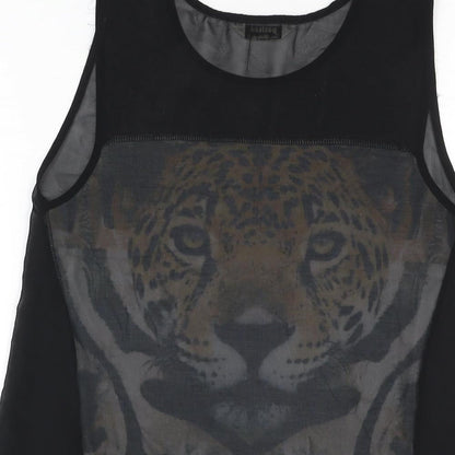 Brand and care label for Miss Selfridge women’s black polyester basic t-shirt, size UK 4, round neck - tiger
