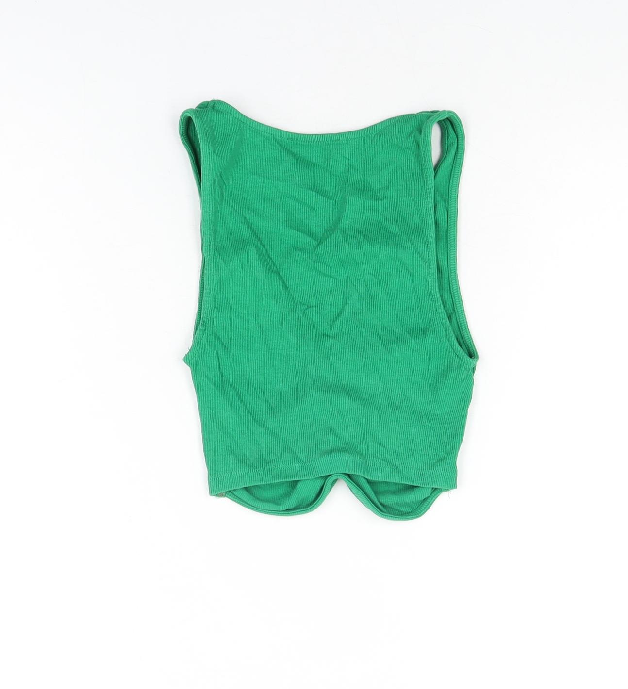 Zara Womens Green Polyester Cropped T-Shirt Size S V-Neck