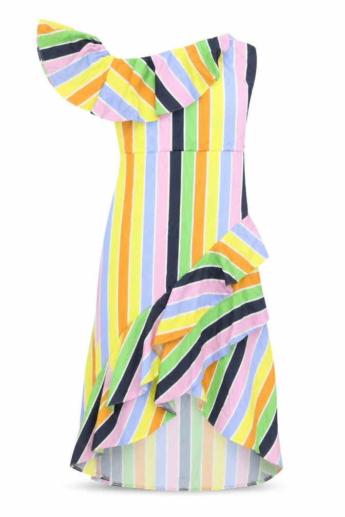 True Violet Womens Multicoloured Striped Polyester A-Line Size 10 One Shoulder Zip