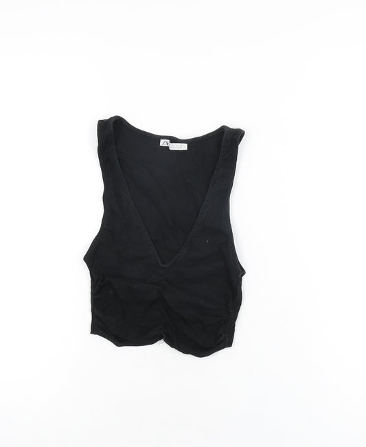 Zara Womens Black Polyester Cropped T-Shirt Size S V-Neck