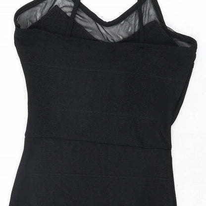 Brand and care label for Missguided women’s black polyester bodycon, size UK 8, v-neck pullover