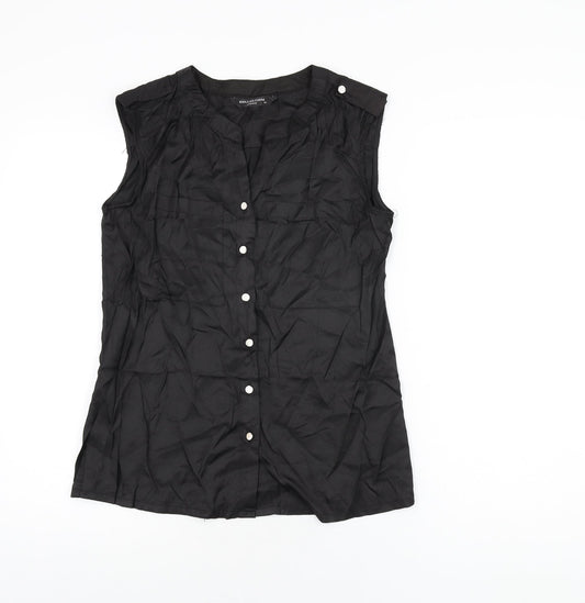 Collection London Womens Black Cotton Basic Button-Up Size 10 V-Neck