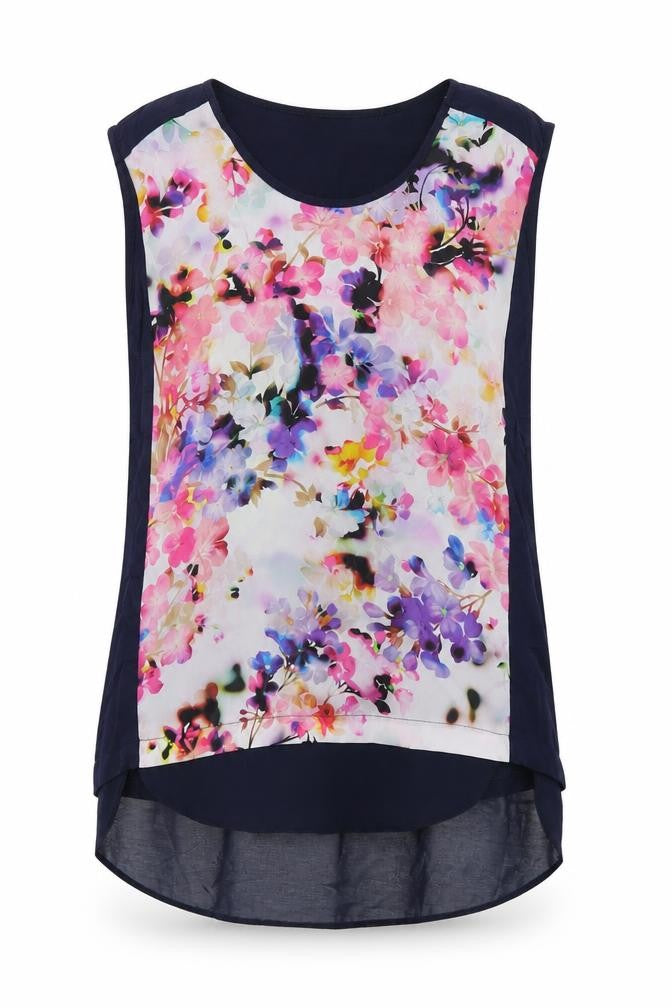 Oasis Womens Blue Floral Viscose Basic Tank Size S Round Neck