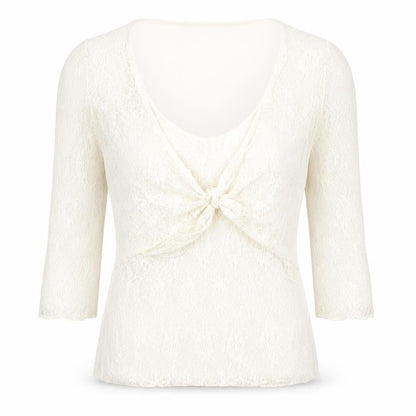 Front view of Dunnes women’s ivory nylon basic t-shirt, size UK 14, round neck