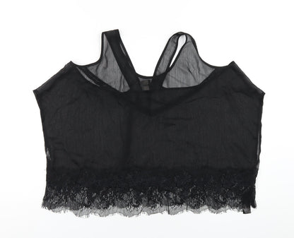 Additional front view of ASOS women’s black polyester basic t-shirt, size UK 12, round neck - lace trim