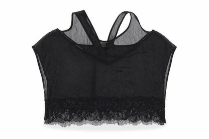 Front view of ASOS women’s black polyester basic t-shirt, size UK 12, round neck - lace trim