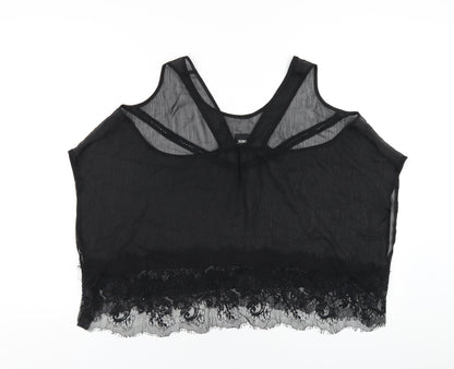 Back view of ASOS women’s black polyester basic t-shirt, size UK 12, round neck - lace trim