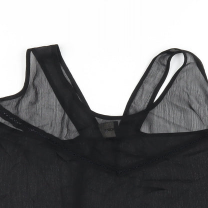 Close-up detail of ASOS women’s black polyester basic t-shirt, size UK 12, round neck - lace trim