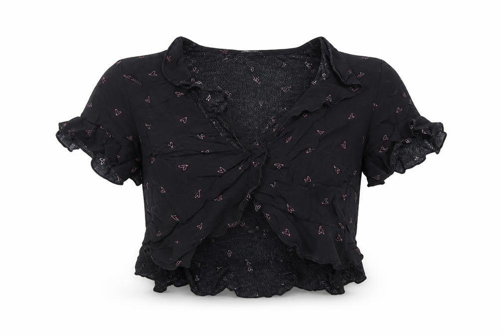 Topshop Womens Black Geometric Viscose Cropped T-Shirt Size 8 V-Neck