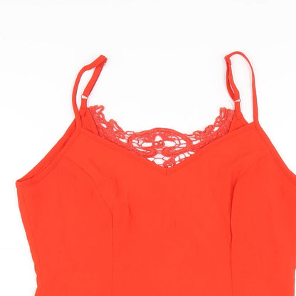 Close-up detail of Miss Selfridge women’s orange polyester a-line, size UK 8, v-neck pullover