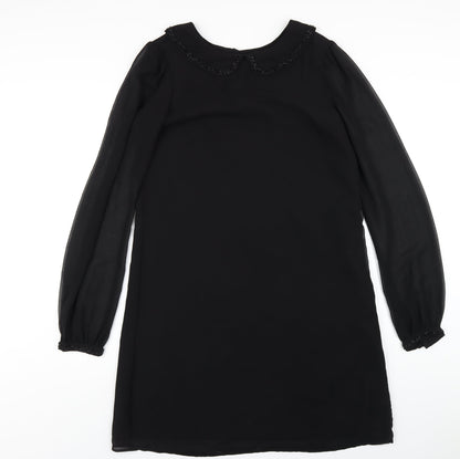 Next Womens Black Polyester A-Line Size 12 Round Neck Button - Beaded Collar