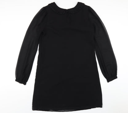 Next Womens Black Polyester A-Line Size 12 Round Neck Button - Beaded Collar
