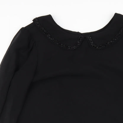 Next Womens Black Polyester A-Line Size 12 Round Neck Button - Beaded Collar