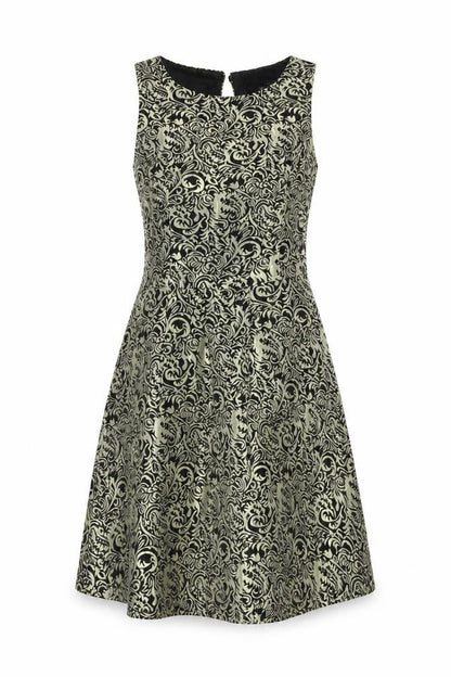 Front view of Missguided women’s gold geometric polyester a-line, size UK 12, round neck button