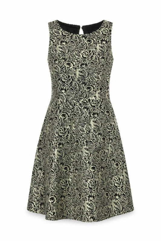 Front view of Missguided women’s gold geometric polyester a-line, size UK 12, round neck button