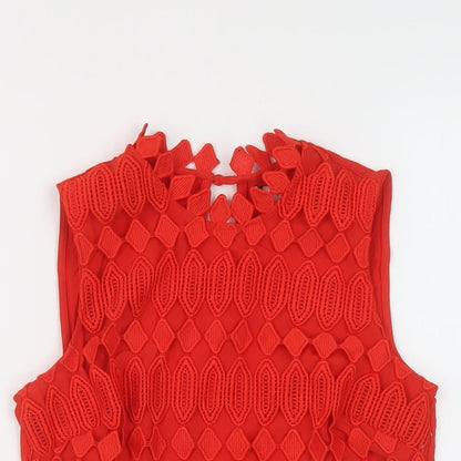 Close-up detail of Principles women’s red polyester basic t-shirt, size UK 6, mock neck