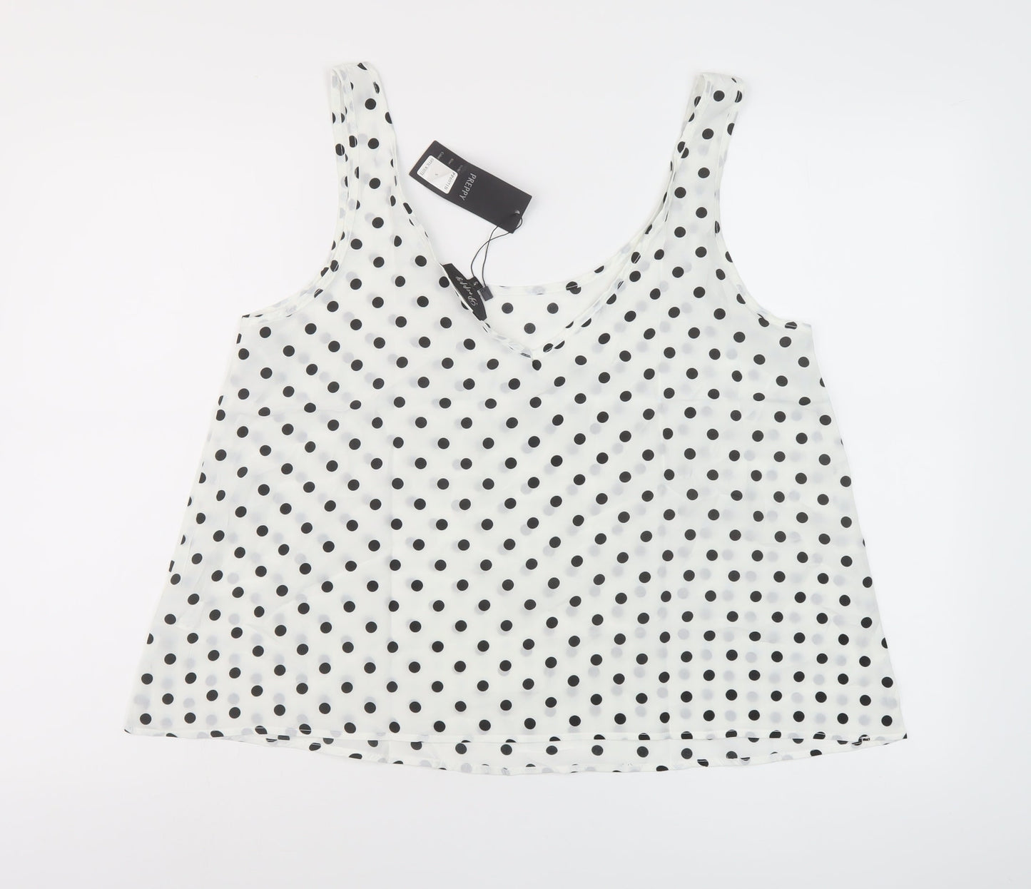 Preppy Womens White Polka Dot Polyester Basic T-Shirt Size S Round Neck