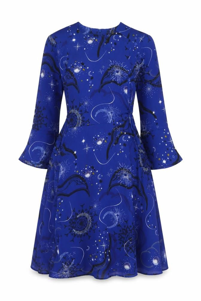 Marks and Womens Blue Geometric Polyester A-Line Size 8 Round Neck Zip