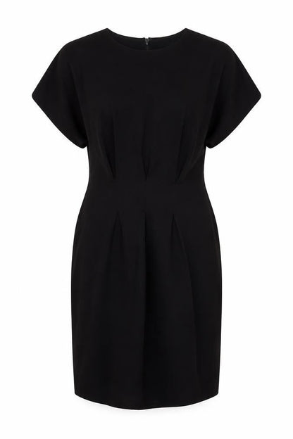 Front view of ASOS women’s black polyester sheath, size UK 12, round neck zip