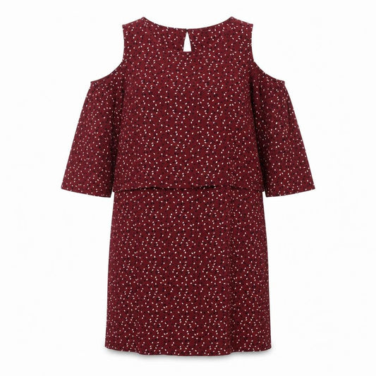 Mango Womens Red Geometric Polyester Shift Size M Round Neck Button - Cold Shoulder