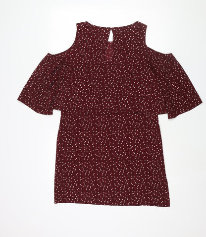 Mango Womens Red Geometric Polyester Shift Size M Round Neck Button - Cold Shoulder