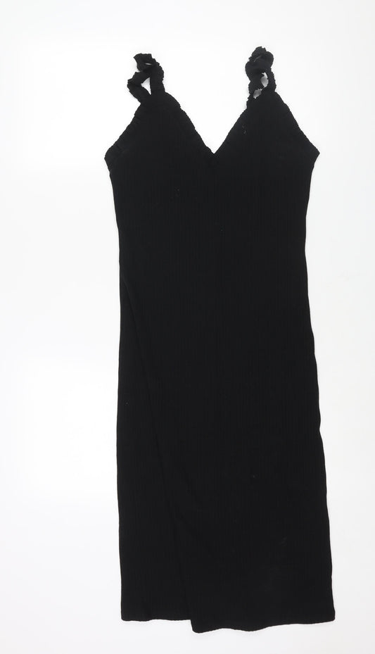 Zara Womens Black Polyester Shift Size L V-Neck Pullover - Frill Ribbed