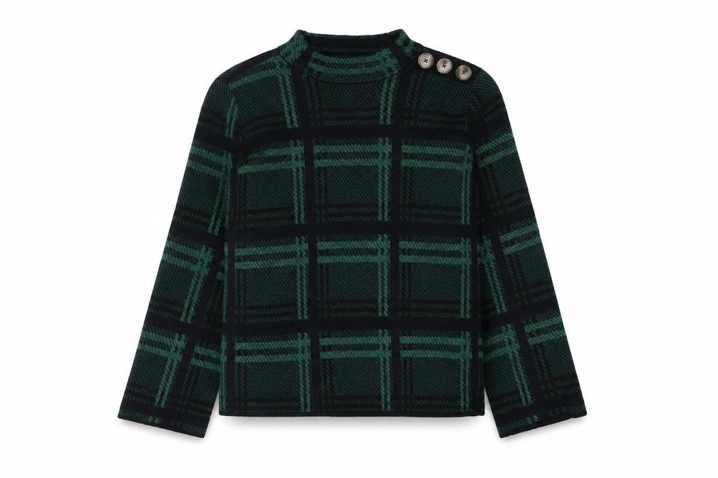Warehouse Womens Green Mock Neck Check Polyester Pullover Jumper Size 12 - Button Detail