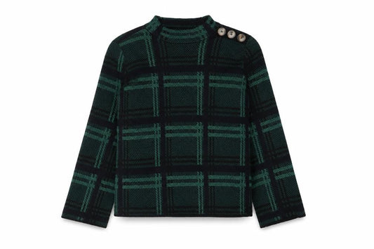 Warehouse Womens Green Mock Neck Check Polyester Pullover Jumper Size 12 - Button Detail