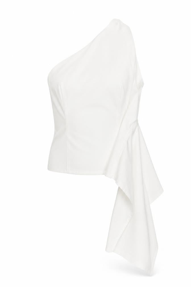 Zara Womens White Polyester Basic Blouse Size M One Shoulder - Waterfall Frill Detail