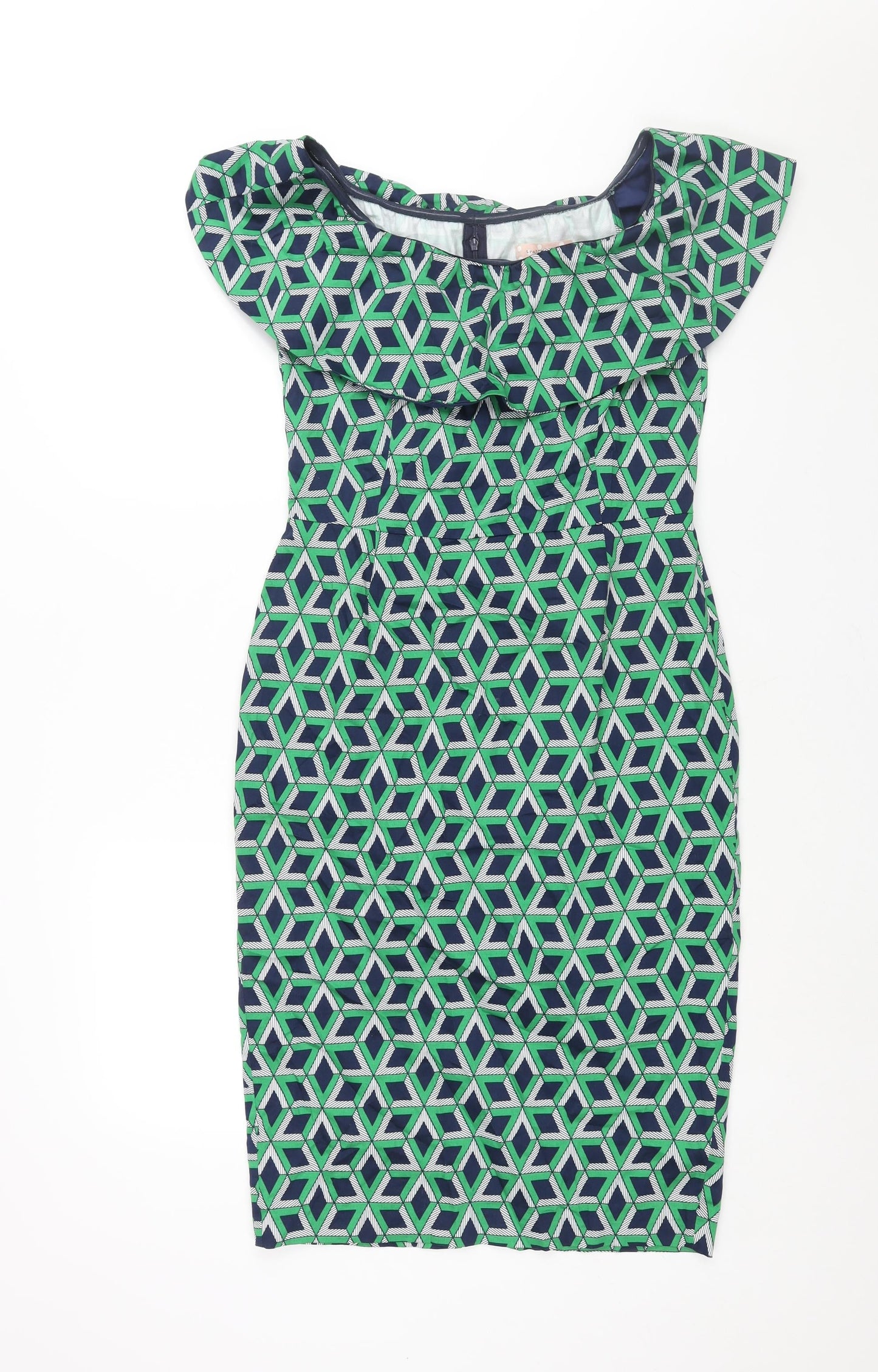 Traffic People Womens Green Geometric Cotton Pencil Dress Size M Boat Neck Zip - Frill
