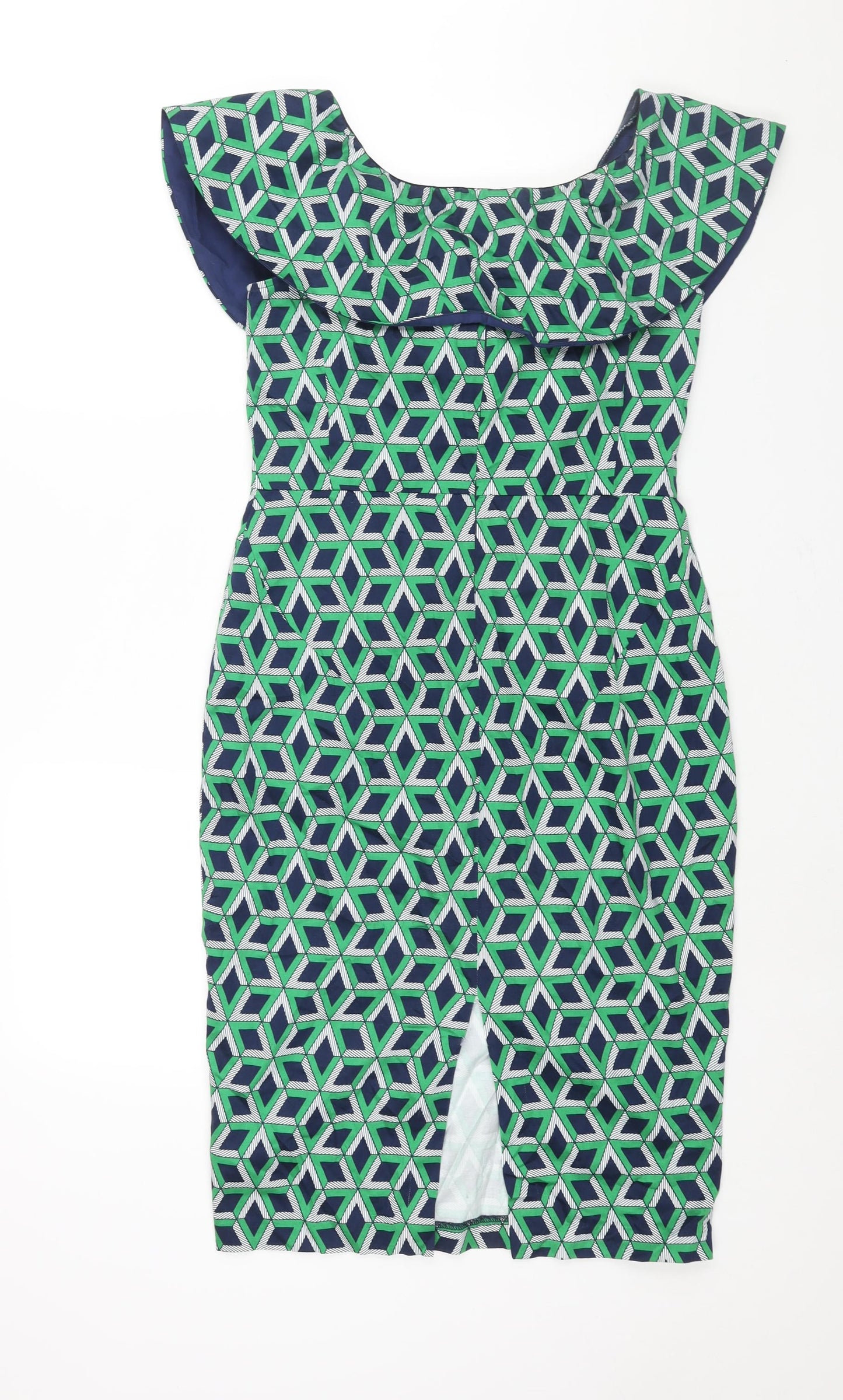 Traffic People Womens Green Geometric Cotton Pencil Dress Size M Boat Neck Zip - Frill