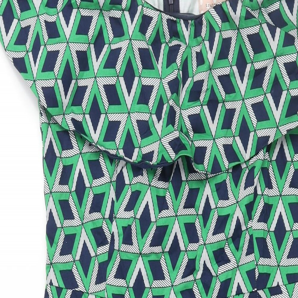 Traffic People Womens Green Geometric Cotton Pencil Dress Size M Boat Neck Zip - Frill