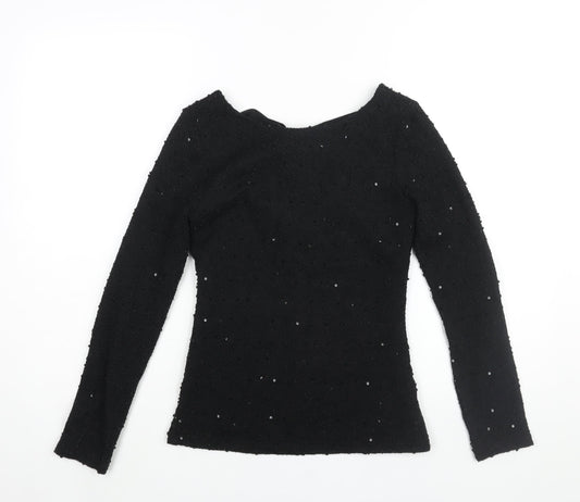 Jennifer Lopez Womens Black Polyester Basic Blouse Size XS Round Neck - Textured Sequin Detail