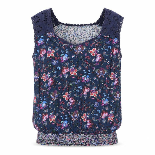 Solitaire Womens Blue Geometric Polyester Camisole Blouse Size L Sweetheart - Rouched Hem Lace Detail