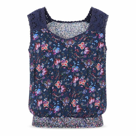 Solitaire Womens Blue Geometric Polyester Camisole Blouse Size L Sweetheart - Rouched Hem Lace Detail