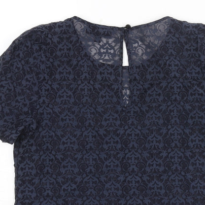 Warehouse Womens Blue Geometric Polyester Basic Blouse Size 10 Round Neck - Semi Sher