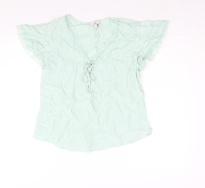 Marks & Spencer Womens Green Viscose Basic Blouse Size 8 V-Neck - Lace Trim
