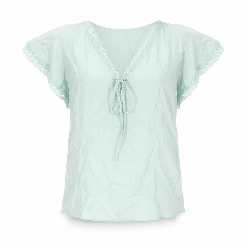 Marks & Spencer Womens Green Viscose Basic Blouse Size 8 V-Neck - Lace Trim