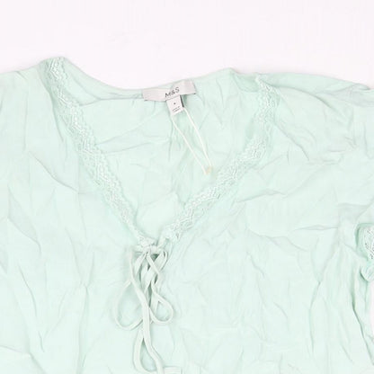 Marks & Spencer Womens Green Viscose Basic Blouse Size 8 V-Neck - Lace Trim