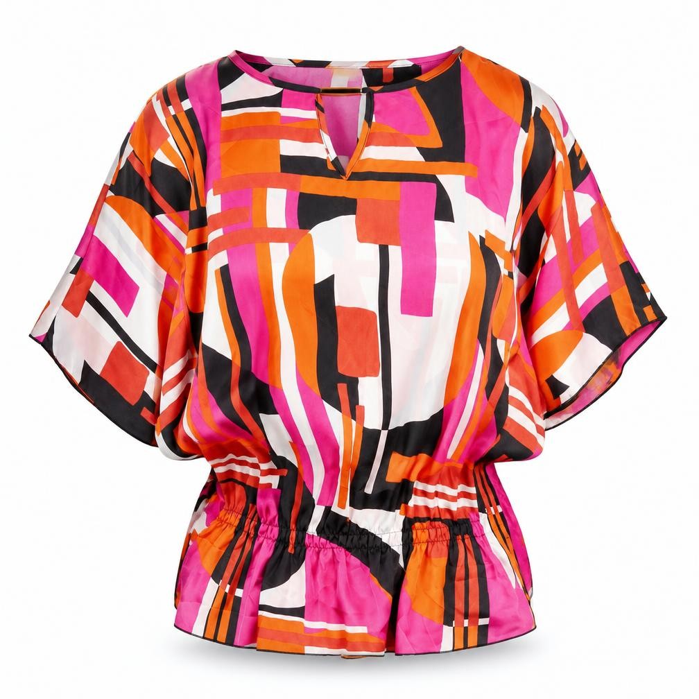 Abifel Womens Multicoloured Geometric Polyester Basic Blouse Size 10 Round Neck - Keyhole Neck Frill