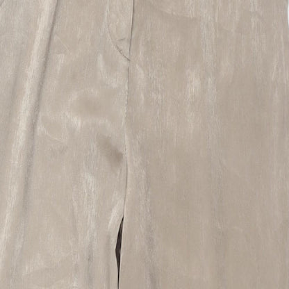 Close-up detail of Missguided women’s brown polyester trousers, size UK 10, 30-inch leg regular zip
