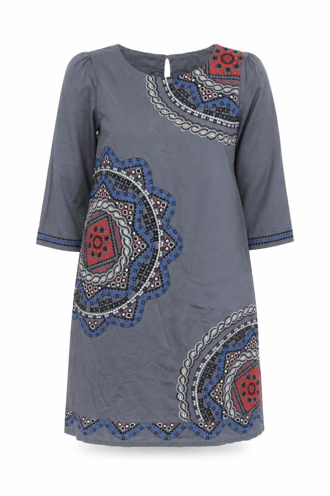 Monsoon Womens Grey Fair Isle Cotton A-Line Size 12 Boat Neck Button - Embroidered