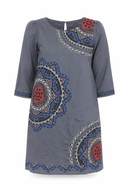 Monsoon Womens Grey Fair Isle Cotton A-Line Size 12 Boat Neck Button - Embroidered