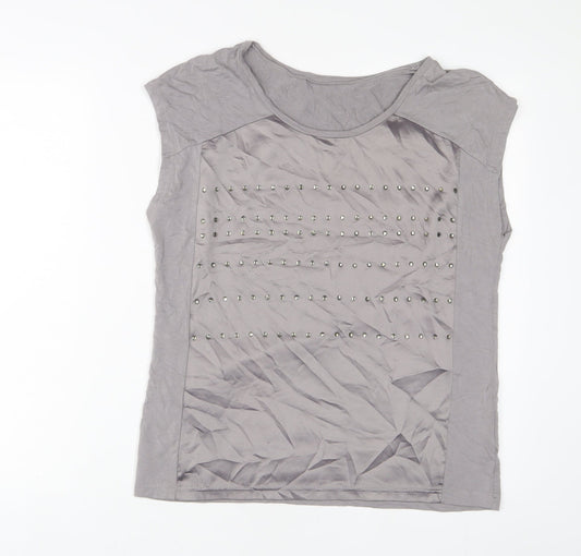 Klass Womens Grey Viscose Basic T-Shirt Size M Boat Neck - Beaded