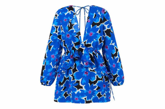 New Look Womens Blue Floral Polyester A-Line Size 12 V-Neck Tie