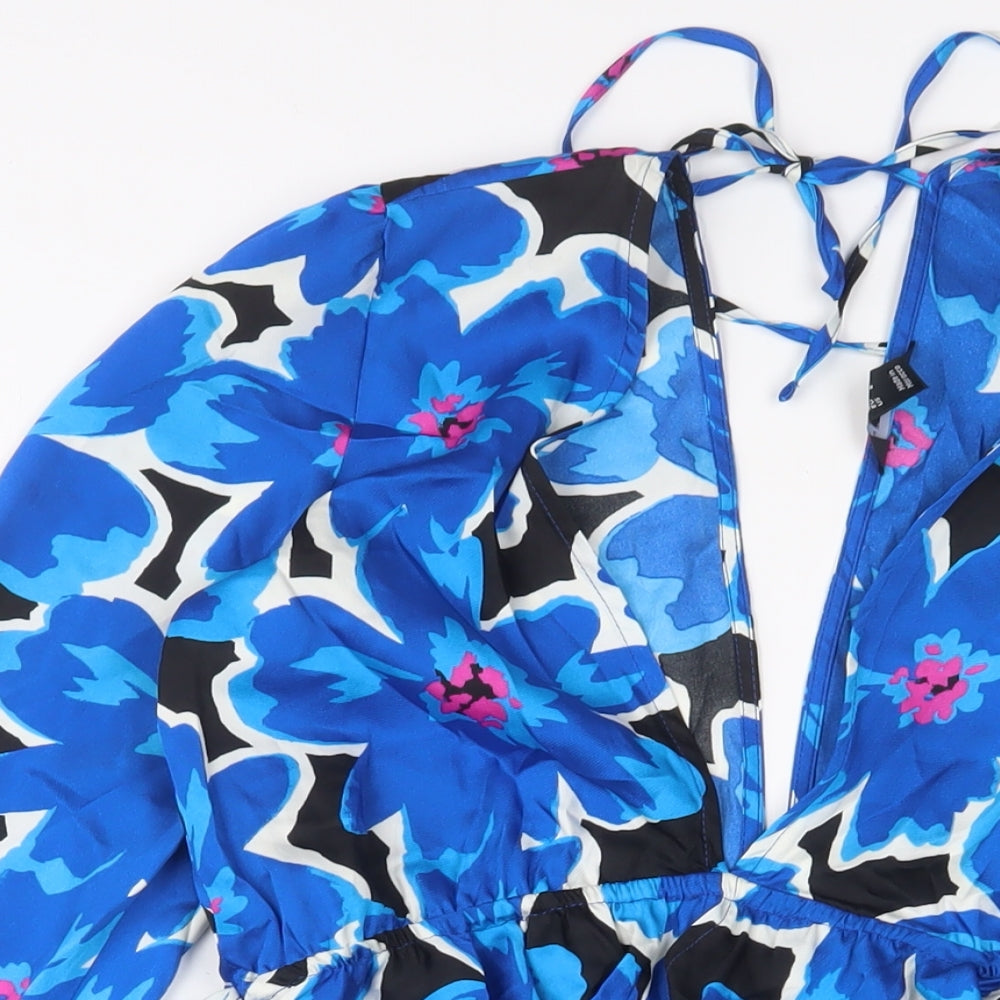 New Look Womens Blue Floral Polyester A-Line Size 12 V-Neck Tie