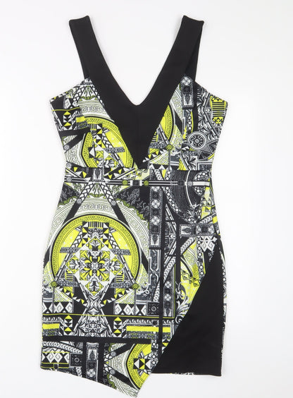 Additional front view of Miss Selfridge women’s yellow geometric polyester a-line, size UK 12, v-neck pullover